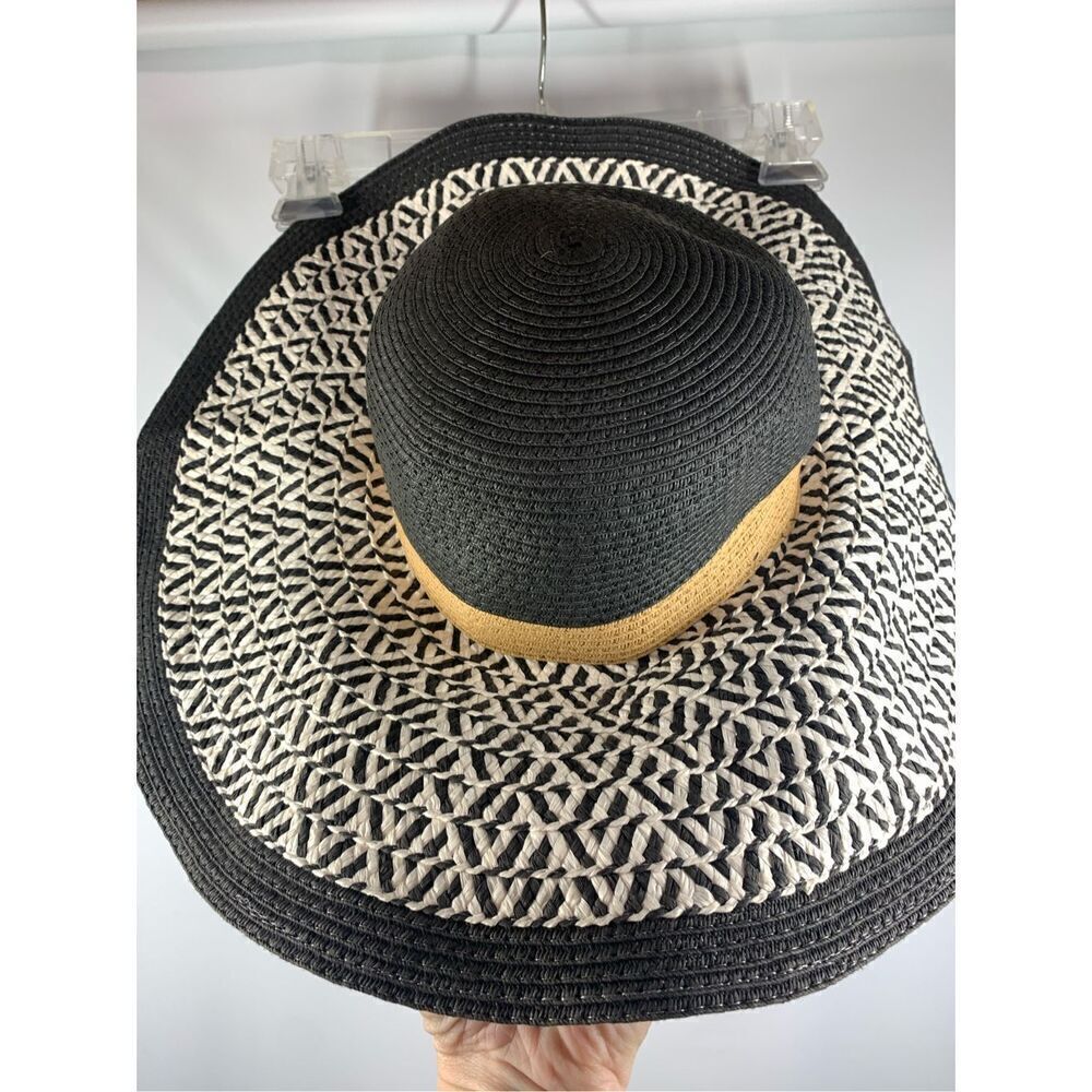 Merona Black & White Tan Band Braided Floppy Straw Hat 17"